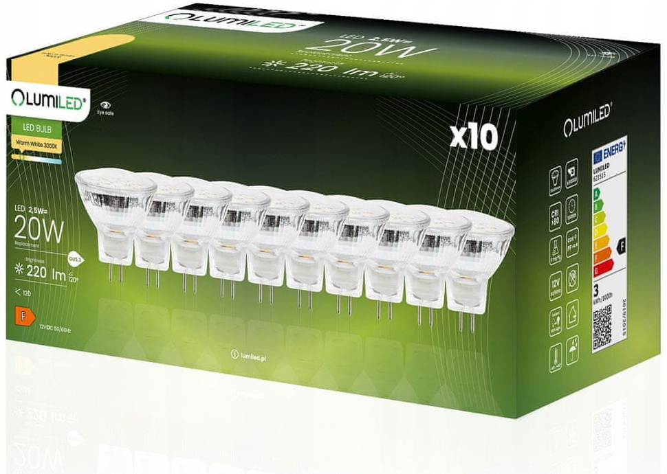 LUMILED 10x LED žiarovka MR11 2,5W = 20W 220lm 3000K Teplá biela 120° 12V