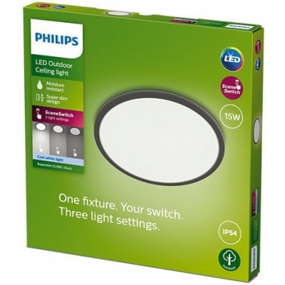 Philips 8719514418011 SuperSlim vonkajšie stropné svietidlo LED 15W/1500lm 4000K IP54 čierna SceneSwitch