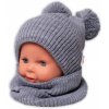 BABY NELLYS Zimná pletená čiapka + nákrčník - sivá s brmbolcami, 92/98 (18-36m)