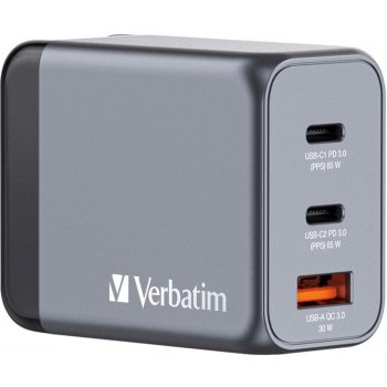 VERBATIM cestovní adaptér GNC-65, GaN, 2xUSB-C PD 65W, 1xUSB-A QC 3.0