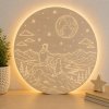 Drevená LED lampa - Muž so psom v horách pod mesiacom