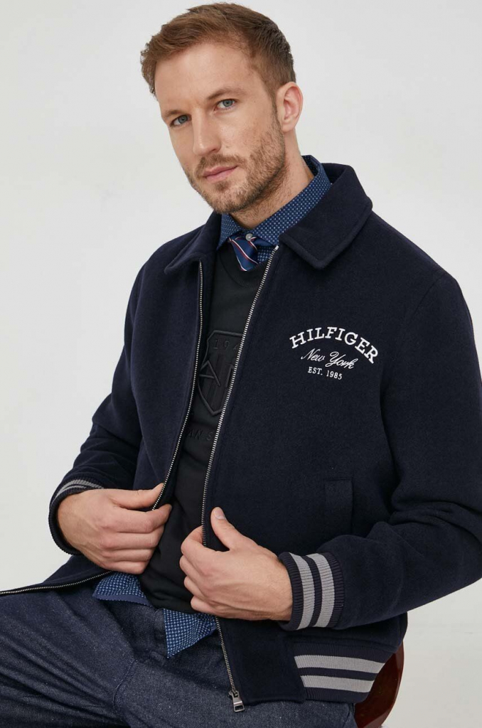 Tommy Hilfiger vlnená bunda tmavomodrá prechodná MW0MW32791