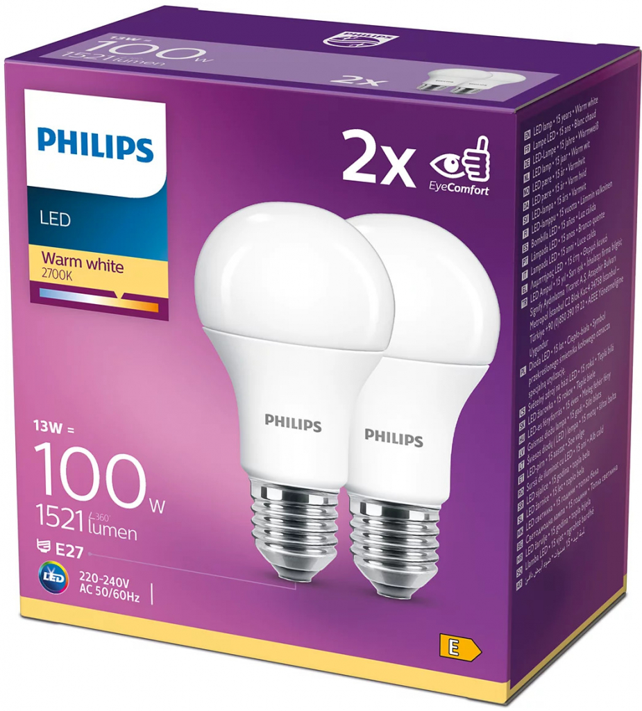 Philips LED 13W/100W 1521lm A60 E27 2700K WW 230V FR ND 2-set