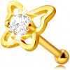 Šperky eshop - Zlatý piercing do nosa z 9K zlata - kontúra motýľa s okrúhlym zirkónom čírej farby, 2 mm S4GG244.55