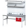 Alfa 3 Nastaviteľný dielenský stôl MECHANIC II, perfopanel, polica, osvetlenie, 2 zásuvkový box na náradie, 1600x700x745-985 mm, sivá/červená