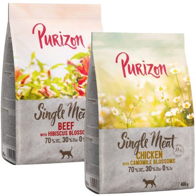 Miešané balenie Purizon 2 x 400 g - single meat: kuracie s kvetmi harmančeka & hovädzie s kvetmi ibišteka