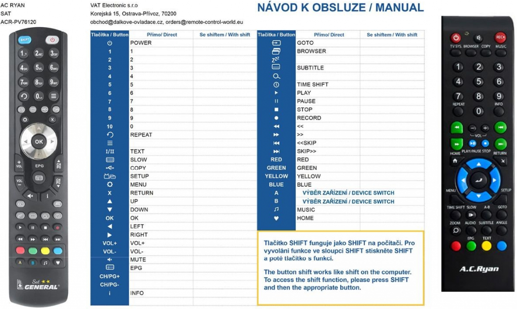 Diaľkový ovládač General AC Ryan ACR-PV76120