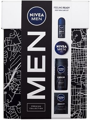 Nivea Men Deep Feeling Ready : voda po holení Men Deep Comfort 100 ml + sprchový gel Men Deep 250 ml + antiperspirant roll-on Men Deep Black Carbon 50 ml + univerzální krém Men Creme