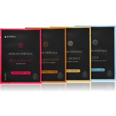 KORIKA Korean Heritage Red Ginseng plátenná maska proti vráskam + Jeju mandarin & vitaminc B-C-E complex sheet mask rozjasňujúca plátienková maska + Jeju honey & AHA - BHA complex sheet mask plátenná