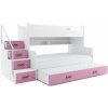 BMS Group Poschodová posteľ s prístelkou MAX 3 rozšírená 200x120 biela - ružová