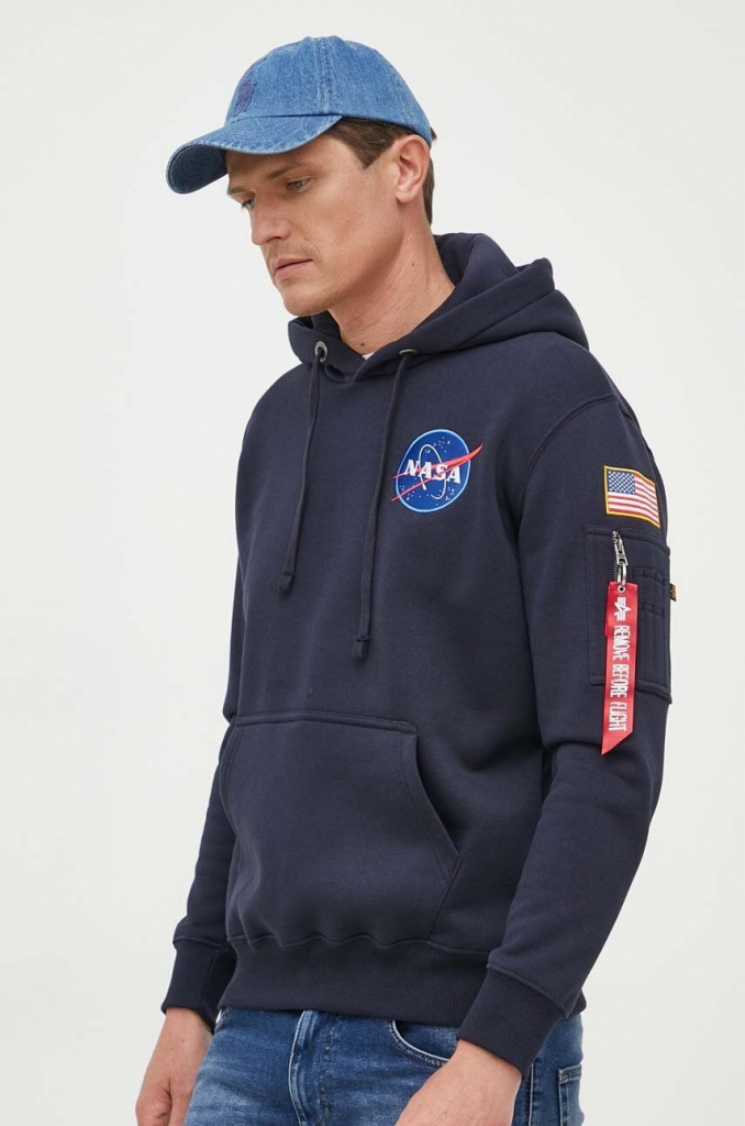 Alpha Industries Space Shuttle Hoody 178317.07 pánska tmavomodrá s kapucňou s potlačou