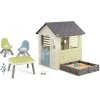 Set domček s pieskoviskom a záhradkou Square Playhouse Life Smoby a piknikový stôl s dvoma stoličkami KidChair
