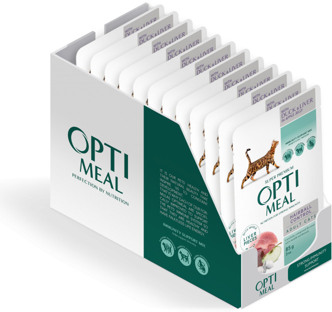 OPTIMEAL For adult cats hairball control with duck and slices of liver in apple jelly 12 x 85 g