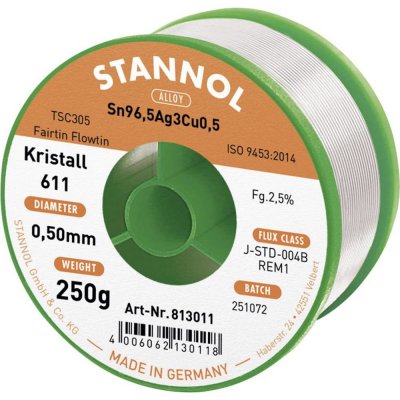 Stannol Kristall 611 Fairtin spájkovací cín bez olova bez olova Sn96,5Ag3Cu0,5 REM1 250 g 0.5 mm