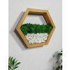 Šesťhranná drevená polička Hexagon v odtieni dubu so stabilizovaným machom a prírodnými kameňmi - 30 cm