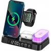 AppleMix Stojan / bezdrôtová Qi nabíjačka 3v1 pre Apple iPhone / Watch / AirPods + lampa + hodiny - čierna