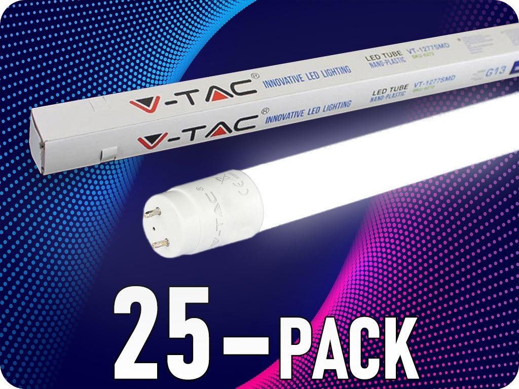 V-TAC LED trubica T8, 20W, 2100lm, G13, nano plast, 150cm/25-PACK! Denná biela