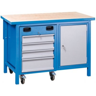 Dielenský pracovný stôl GÜDE Basic MULTI s pojazdným boxom na náradie, 4 zásuvky, 1 skrinka, 1190 x 600 x 850 mm, modrá