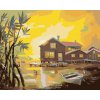 Zuty – Maľovanie podľa čísel – Domy s mólom pri jazere, volavka a čajky a západ Slnka (D. Rusty Rust), 80 × 100 cm, plátno + rám 8596530179559
