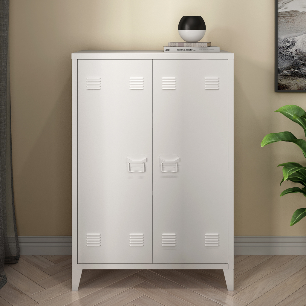 [en.casa]® en.casa® Kovová skriňa Oripää Skriňa do obývačky 110 x 75 x 33 cm Skriňa na dokumenty Dielenská skriňa s 2 dvierkami a 2 výškovo nastaviteľnými policami Biela