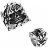 Šperky eshop - Oceľový patinovaný prsteň, vypuklá lebka, ornamenty na ramenách Z30.10 - Veľkosť: 69 mm