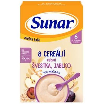 SUNAR Mliečna kaša 8 cereálií príchuť slivka jablko 6+ 210 g - Sunar mliečna kaša s 8 cereáliami slivka, jablko 210 g