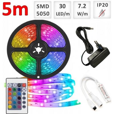 Optonica Sada: 5m RGB LED pásik do interieru 30 SMD5050/m, 7.2W/m, IP20 + zdroj + RGB ovládač 24 tlač. SKU2023