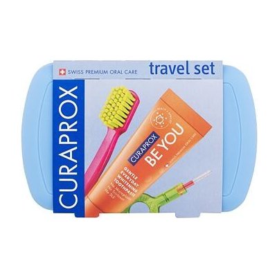 Curaprox Travel Set Blue sada:: skládací zubní kartáček CS 5460 Ultra Soft 1 ks + zubní pasta Be You Pure Happiness Peach & Apricot 10 ml + mezizubní kartáček 2 ks + držák na mezizubní kartáček 1 ks