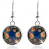 Šperky eshop - Okrúhle visiace náušnice, vypuklé sklo, farebné kvietky na modrom podklade SP52.24