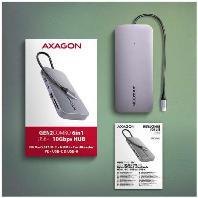 AXAGON HMC-6GM2, USB 10Gbps hub, USB-A, USB-C, HDMI, M.2 slot, SD/MicroSD, PD 100W, kábel USB-C 20cm (HMC-6GM2)
