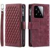 Peňaženkové kožené puzdro Grid Texture Embossed na Xiaomi 15 - Vínovo červená