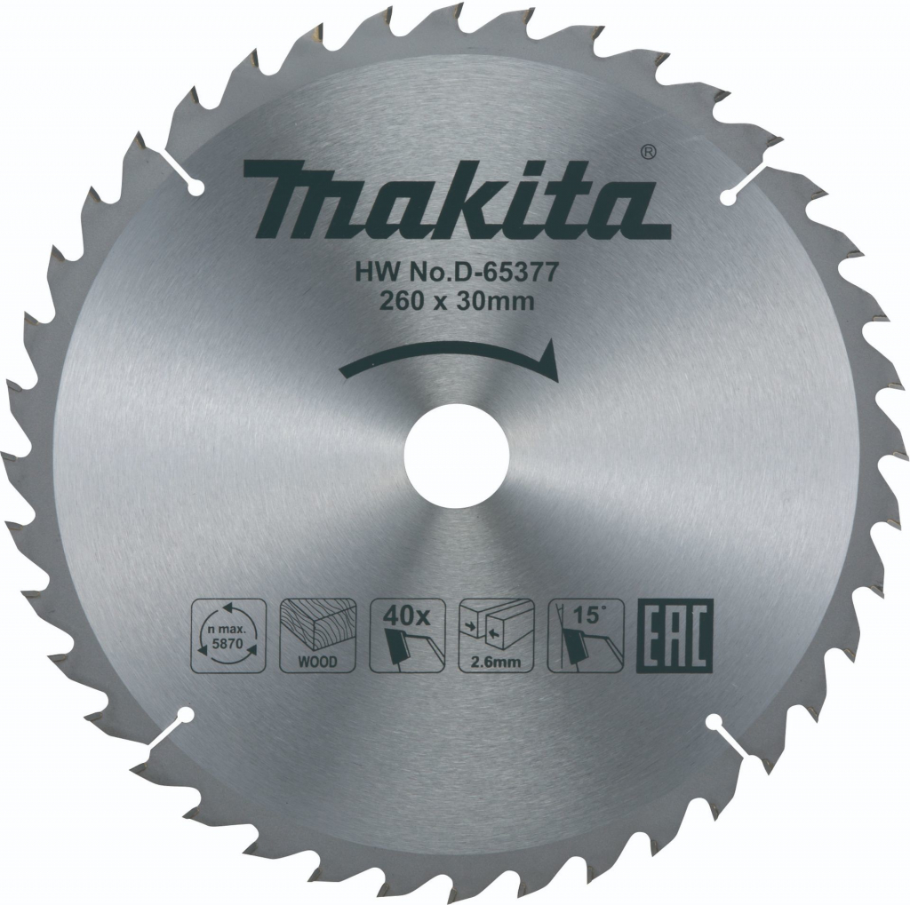 Makita D-65377 Pílový kotúč na drevo 260mm x 30mm, 40 zubov