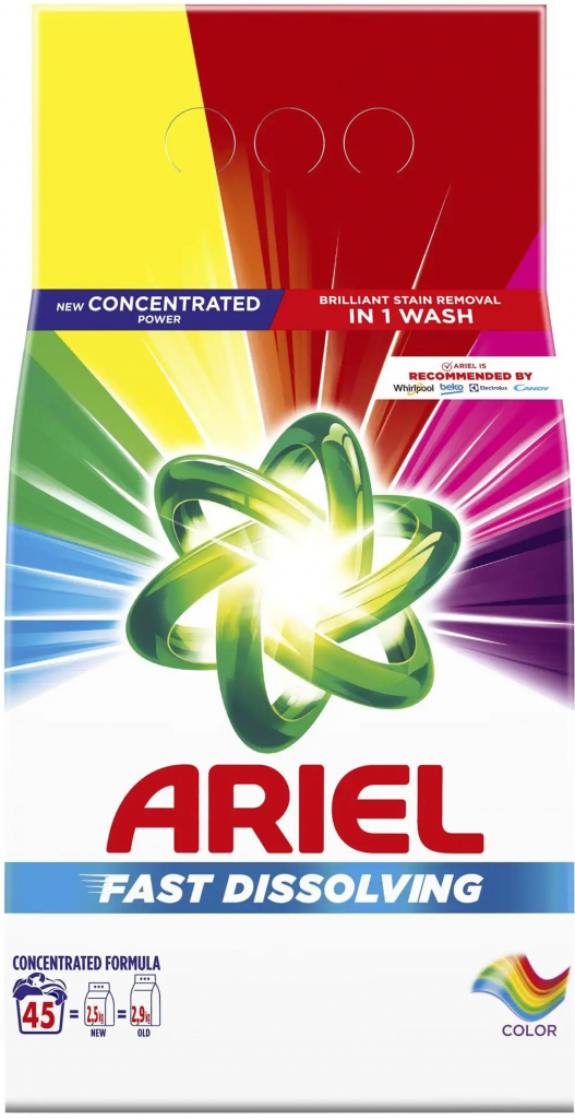 Ariel Rýchlo rozpustný farebný prací prášok na farebnú bielizeň 2,47 kg 45 PD