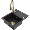 Mexen Enzo, 1-komorový granitový drez 576x465x174 mm a drezová batéria Savita, čierna-strieborná metalíza, 6506-73-672601-50