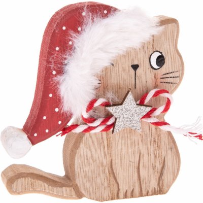 Vianočné dekorácie Mačka s čiapkou a hviezdou, 9 cm