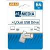 USB kľúč, 64GB, USB 2.0 + USB-C, hliníkový kryt, MYMEDIA 