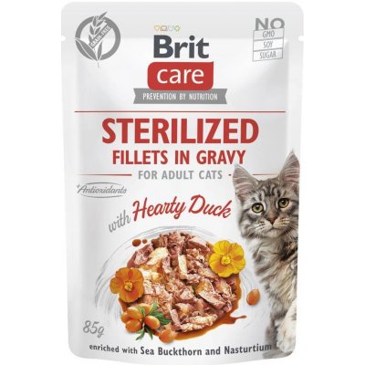 BRIT CARE Cat Sterilized Fillets in Gravy with Hearty Duck Enriched with Sea Buckthorn and Nasturtium 12 x 85 g