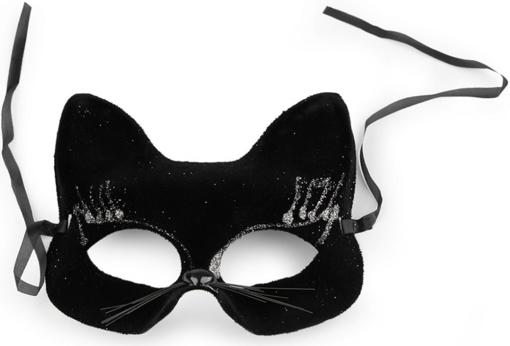 maska škraboška zamatová s glitrami mačka čierna strieborná