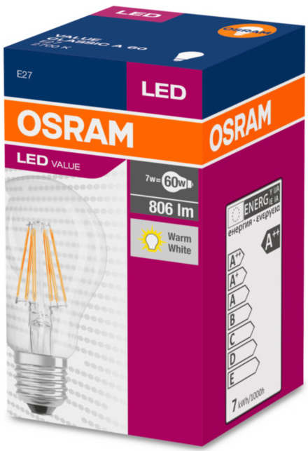 Osram LED VALUE CL A FIL 60 7W/827 E27 2700K teplá biela