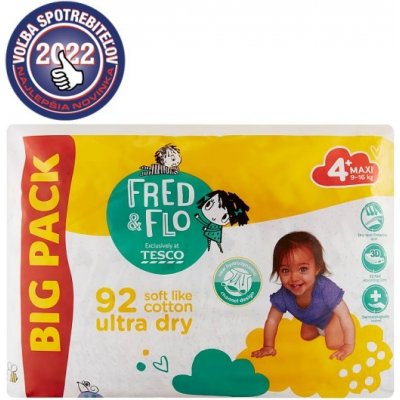 Tesco Fred & Flo Ultra Dry plienky 4+ Maxi 92 ks