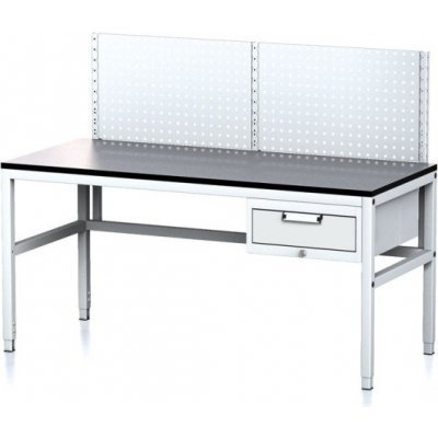 Alfa 3 Nastaviteľný dielenský stôl MECHANIC II s perfopanelom, 1 zásuvkový box na náradie, 1600x700x745-985 mm, sivá/sivá