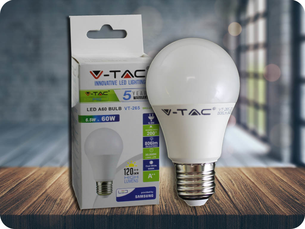 V-TAC E27 LED žiarovka 6.5W, A60 SAMSUNG CHIP Studená biela