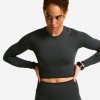 DOMYOS Dámsky fitness crop top s dlhými rukávmi sivo-čierny S