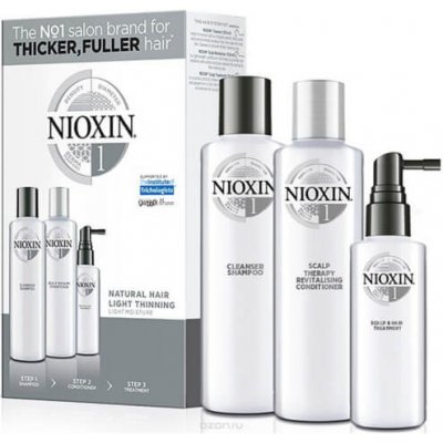 Nioxin System 1 čistiaci šampón 300 ml + revitalizačný kondicionér pre pokožku hlavy 300 ml + starostlivosť na vlasy a vlasovú pokožku 100 ml darčeková sada