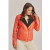 Krátka dámska kožená bunda v koralovom odtieni
