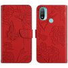 Peňaženkové kožené puzdro Skin Feel Butterfly Peony na Motorola Moto E20 / E30 / E40 - Červená