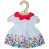 Bigjigs Toys Biele kvetinové šaty s červeným golierom pre bábiku 38 cm