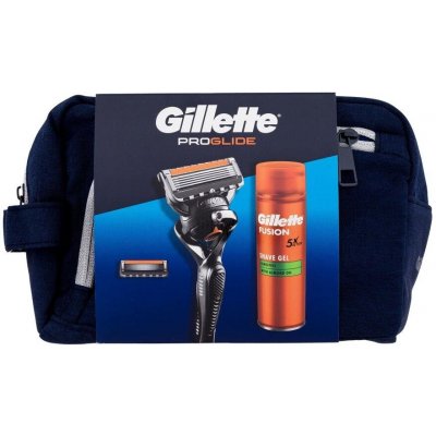Gillette Proglide holiaci strojček + náhradná hlavica + Fusion Senitive gel 200 ml + stojan na strojček + kozmetická taška darčeková sada