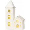 Dekorácia MagicHome, Domček s kostolom, LED, biely, porcelán, 11,2x5,5x17,4 cm