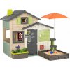 Domček Priateľov s posedením pod oknom Friends House Evo Playhouse Life Smoby s pieskoviskom v prírodných farbách rozšíriteľný